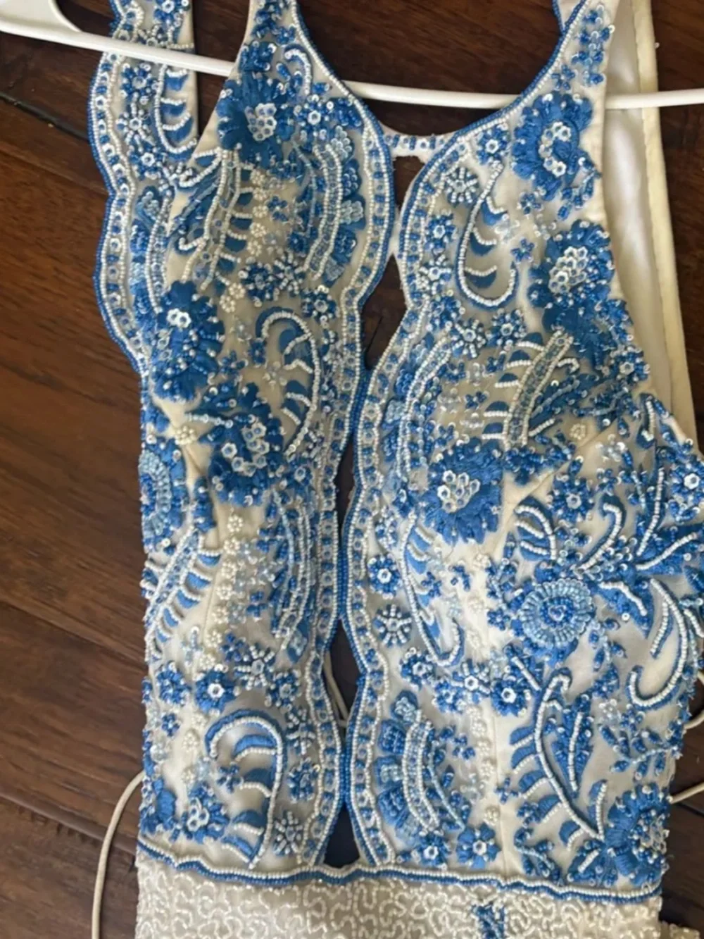 Sherri Hill Blue & White Embroidered Halter Prom Gown